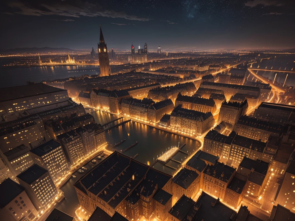 An oil painting of a night time medieval city with towers and roofs. Bird's-eye angle, viewing the city fom far above, dark with very low light from the city buildings, highly detailed, max quality —ar 16:9 —stylize 1000 