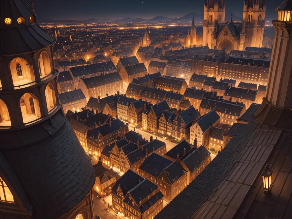 An oil painting of a night time medieval city with towers and roofs. Bird's-eye angle, viewing the city fom far above, dark with very low light from the city buildings, highly detailed, max quality —ar 16:9 —stylize 1000