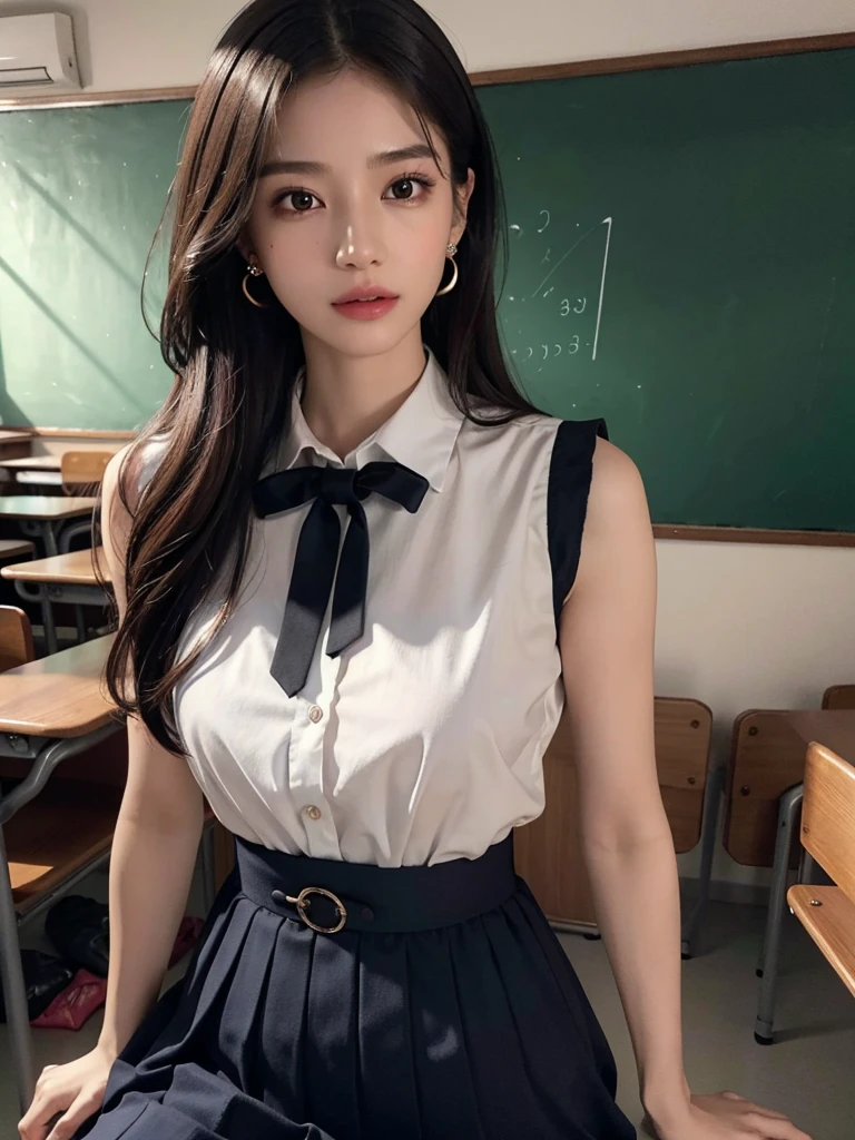 absurdres, RAW photo, extremely delicate and beautiful, masterpiece, Best Quality, ultra high resolution, 32k, hyperrealistic, ultra-detailed, (perfect anatomy:1.2), (anatomically correct:1.2), perfect figure, Perfect Style, Perfect balance, super Detailed skin, in her 30s, very Slim body, narrow waist, very small head, very small face, delicate facial features, handsome detailed woman, very detailed eyes and face, realistic face proportions, Realistic beautiful face, Realistic beautiful eyes, tearful mole, earring, very huge round tits, full body shot, bare legs, medium hair, indoor, (school_uniform:1.2), dress shirt, skirt, sleeveless,
