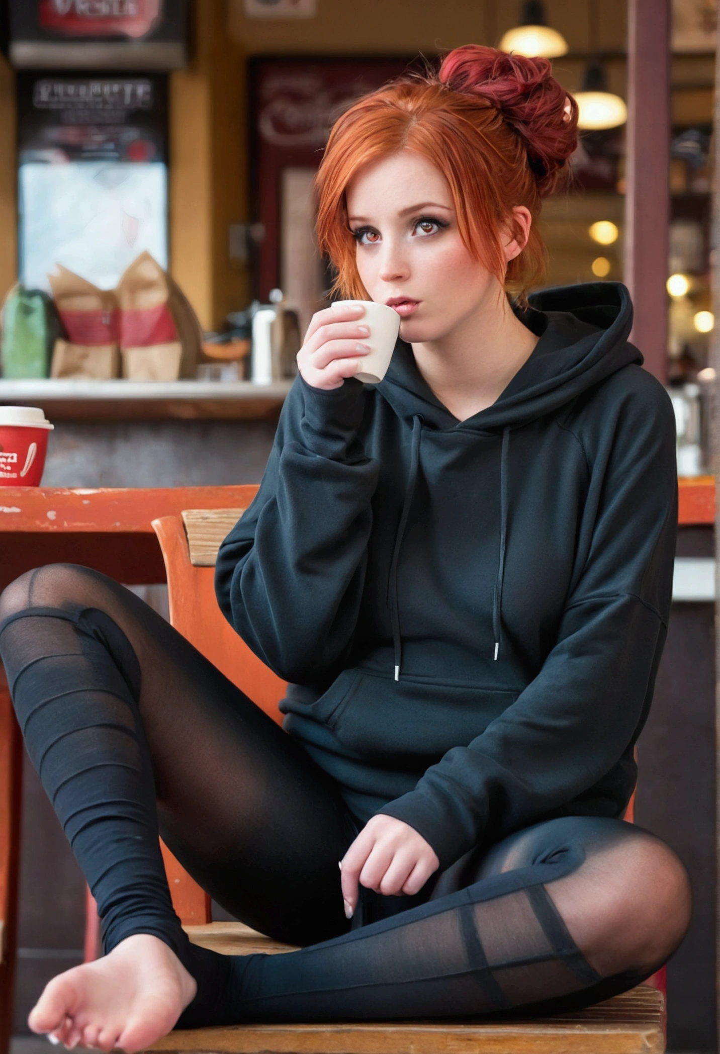 1 girl, Redhead, Updo, Streaks of hair on the face, Red eyes, mascara, Oversized hoodie, abdomen, hot pants, tights, laced tights, Sagging under the eyes, Sitting, coffee shop, Ground angle shot, Viewers looking up, feet in tights, Saggy breasts, impact, RAW Photos, 8k, masterpiece,