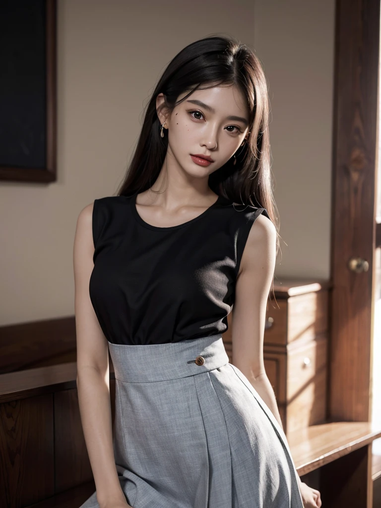 absurdres, RAW photo, extremely delicate and beautiful, masterpiece, Best Quality, ultra high resolution, 32k, hyperrealistic, ultra-detailed, perfect anatomy, anatomically correct, perfect figure, Perfect Style, Perfect balance, super Detailed skin, in her 30s, very Slim body, narrow waist, very small head, very small face, delicate facial features, handsome detailed woman, very detailed eyes and face, realistic face proportions, Realistic beautiful face, Realistic beautiful eyes, tearful mole, earring, very huge round tits, full body shot, bare legs, medium hair, indoor, school_uniform, dress shirt, skirt, sleeveless,