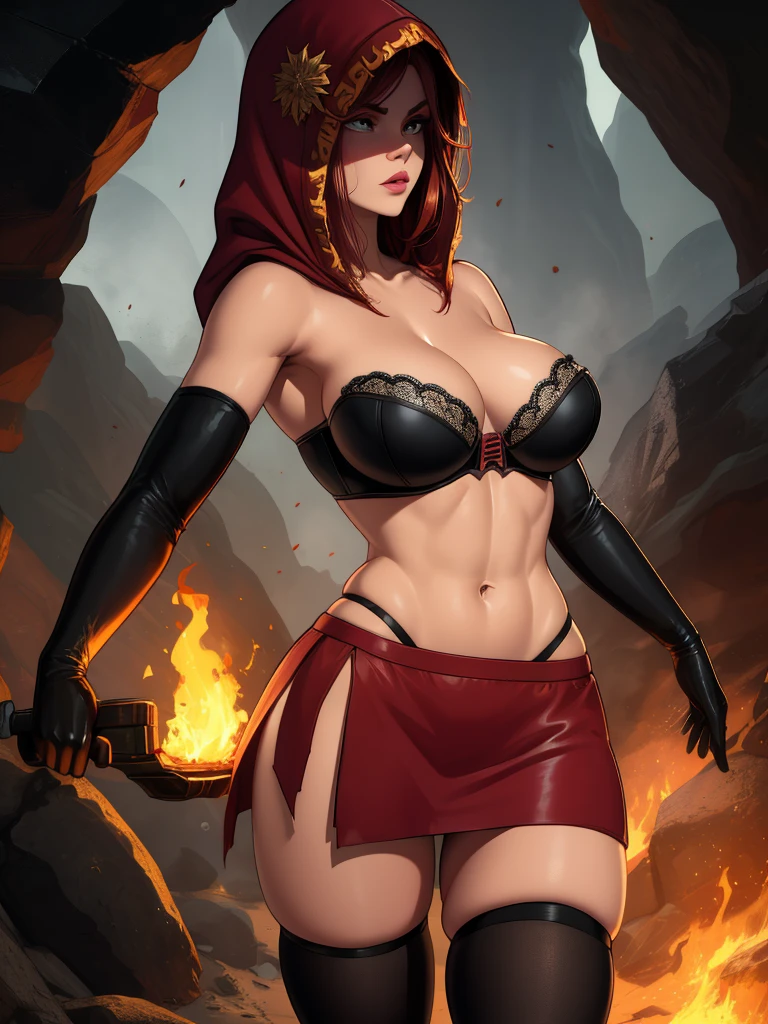 Dsorceress, redhair, shadowy face,dark cave, fire, hood, shadowed face, strapless bra, slim and athletic body, miniskirt, no panty, elbow gloves, dark skin, 1 girl (insanely detailed, masterpiece, best quality)