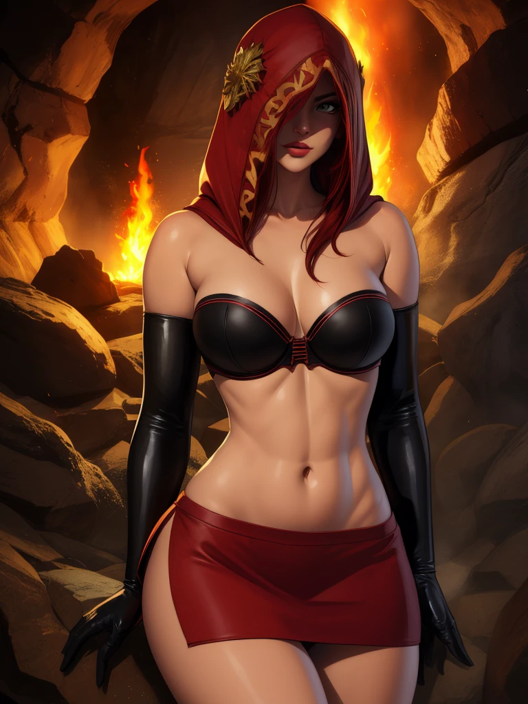 Dsorceress, redhair, shadowy face,dark cave, fire, hood, shadowed face, strapless bra, slim and athletic body, miniskirt, no panty, elbow gloves, dark skin, 1 girl (insanely detailed, masterpiece, best quality)