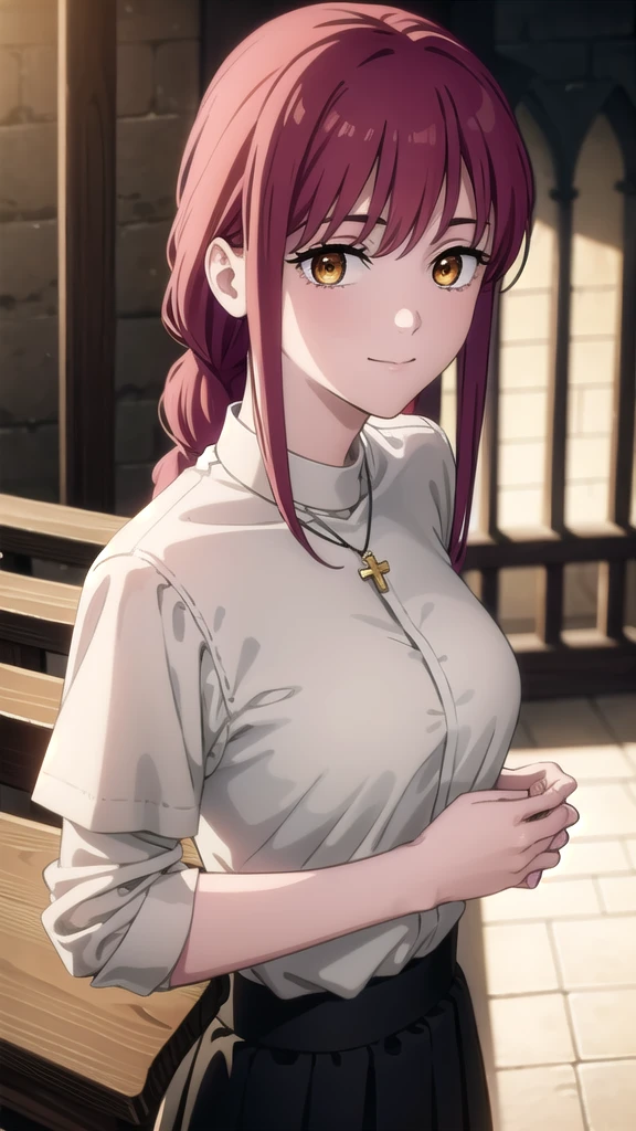 BREAK looking at viewer, BREAK outdoors, BREAK (masterpiece:1.2), best quality, high resolution, unity 8k wallpaper, (illustration:0.8), (beautiful detailed eyes:1.6), extremely detailed face, perfect lighting, extremely detailed CG, (perfect hands, perfect anatomy),makima, long hair, smile, bangs, (medium breasts:1.2), (yellow eyes:1.2),church,benches,candles,dark atmosphere, icons,crosses, dark light,night, braid, red hair, braided ponytail, ringed eyes,necklace,skinny fit,white blouse,black skirt,cleavege,neckline, lace bra, unbutton blouse,in middle of church, showing breasts, showing bra,from above, upper body,