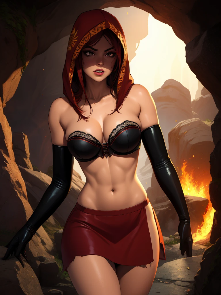 Dsorceress, redhair, shadowy face,dark cave, fire, hood, shadowed face, strapless bra, slim and athletic body, miniskirt, no panty, elbow gloves, dark skin, 1 girl (insanely detailed, masterpiece, best quality)