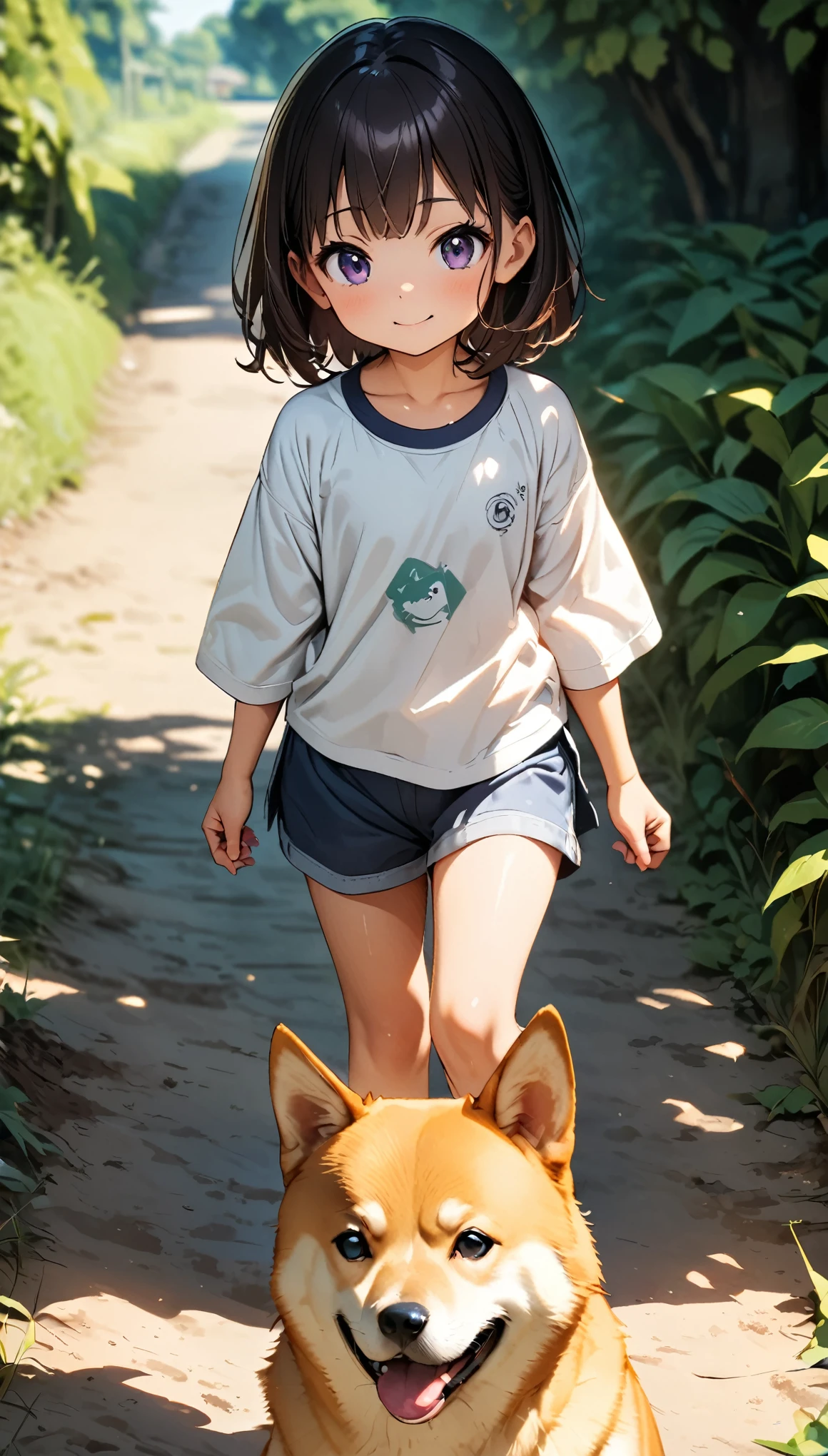 Commemorative photo of a girl and a Shiba Inu, 2 shots, Mameshiba, 6 year old girl, very cute, Good friends, Playing in the park, Dirt road, Plants, Light and shadow with attention to detail, Background Blur, (Highest quality:1.2, 4K, 8k, Very detailed, Attention to detail, masterpiece:1.2, Best aesthetics),