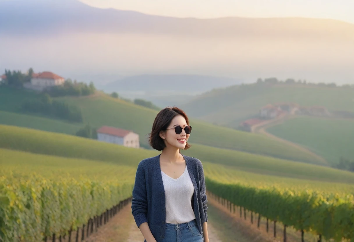 8k best picture quality, Beautiful 36-year-old Korean woman, Chest size 34 inches, Dawn in the early autumn countryside in northern Italy, View of the cathedral next to the vineyards, The back background is realistic and vivid quality., short medium hair, shirts and cardigans, Wear casual pants, Smile slightly. the background is clear, look up to the side., Looking at vineyards covered in thick fog from a hillside road, Wearing thick horn-rimmed sunglasses, sunglasses with thick rims