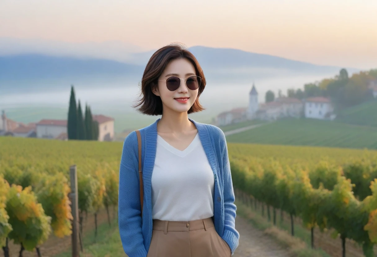 8k best picture quality, Beautiful 36-year-old Korean woman, Chest size 34 inches, Dawn in the early autumn countryside in northern Italy, View of the cathedral next to the vineyards, The back background is realistic and vivid quality., short medium hair, shirts and cardigans, Wear casual pants, Smile slightly. the background is clear, look up to the side., Looking at vineyards covered in thick fog from a hillside road, Wearing thick horn-rimmed sunglasses, sunglasses with thick rims