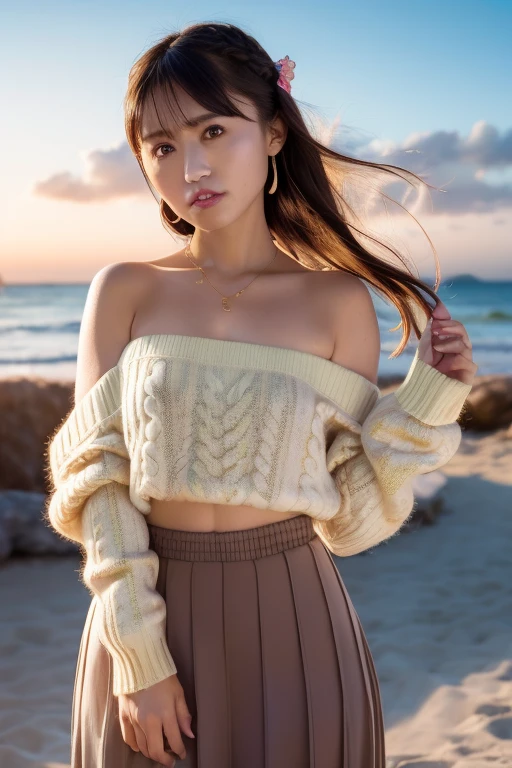 luna, ((  sweater, long sleeves, bare shoulders, skirt,  :1.4)),sarong, sunset, beach, floral print,  depth of field, night cityscape, (1girl:1.6),   short hair, ((Sliver hair:1.2)), ulzzang-6500v1.1, (original: 1.2), (realistic: 1.3) , beautiful girl with beautiful details, extremely detailed eyes and face, eyes with beautiful details, absurd, incredibly absurd, huge file size, ultra detail, high resolution, ultra detailed, best quality, masterpiece, illustration, ultra detailed and beautiful, ultra detailed, CG, unity, 8k wallpaper, amazing, fine Detail, masterpiece, top quality, official art, extremely detailed CG unity 8k wallpaper, cinematic lighting, (perfect shiny skin:0.6), slim and smooth lines, (floating), (small breasts:1),  earrings ,