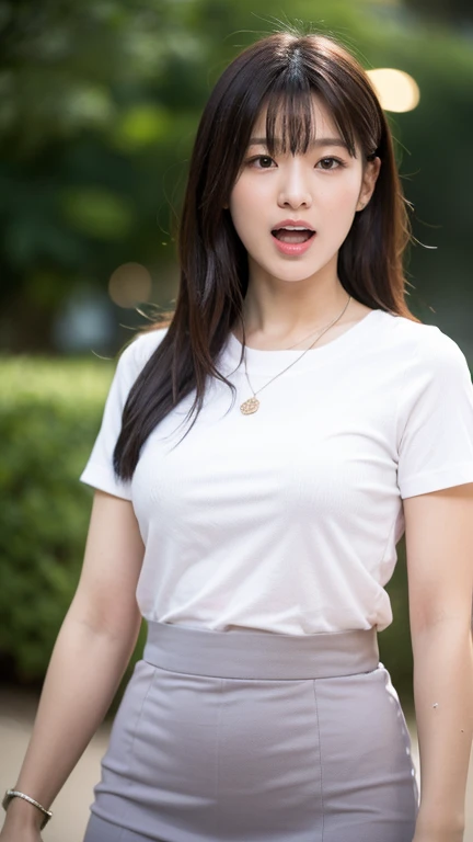 (((8k、High resolution、Highest quality、High resolution)))alone、Natural body shape、White skin、Natural Makeup、Black Hair、bangs、 Long Hair、(Big Breasts),Looking into the camera、Outdoor,(Business look), Violet ribbed short sleeve V-neck, Formal blue tight skirt,mini skirt , necklace、((Full body photo)),(((Sweat, blush, Narrow eyes, Open your mouth)))