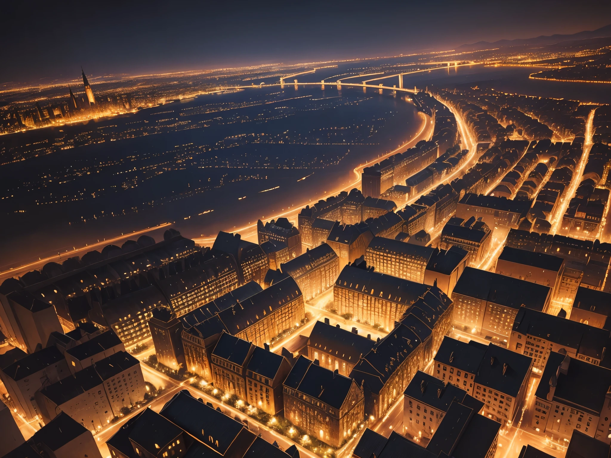 An oil painting of a night time medieval city with towers and roofs. Bird's-eye angle, viewing the city fom far above, dark with very low light from the city buildings, highly detailed, max quality —ar 16:9 —stylize 1000