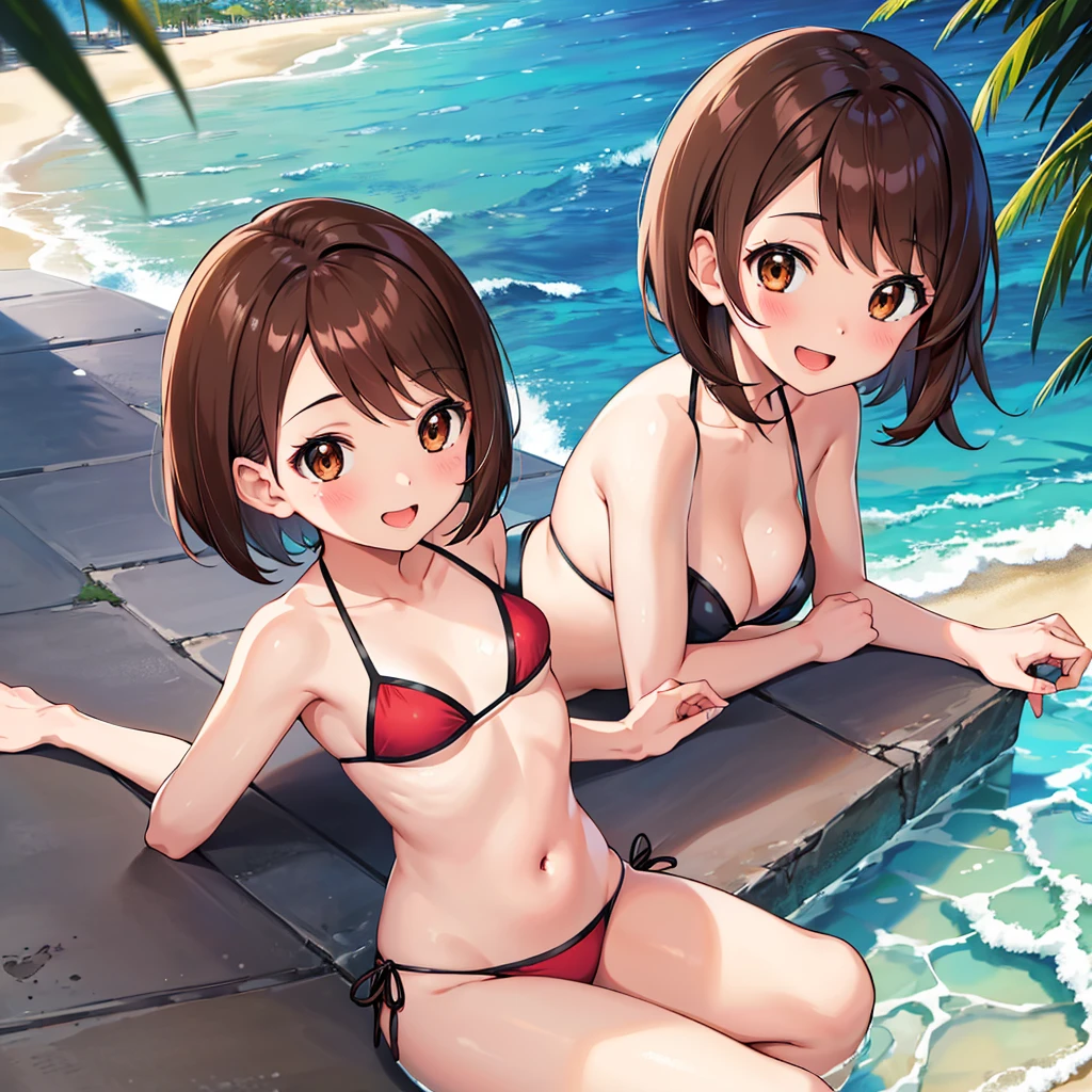 masterpiece, Highest quality, High resolution, Gloria1, 1 Girl, Gloria\(Pokémon\), Brown Hair, , Brown Eyes, , Short Hair, , Bobcut, bangs, , 1Describe a girl carefully 1Girl smile blush Open Mouth blush beach Ocean Sexy Bikini