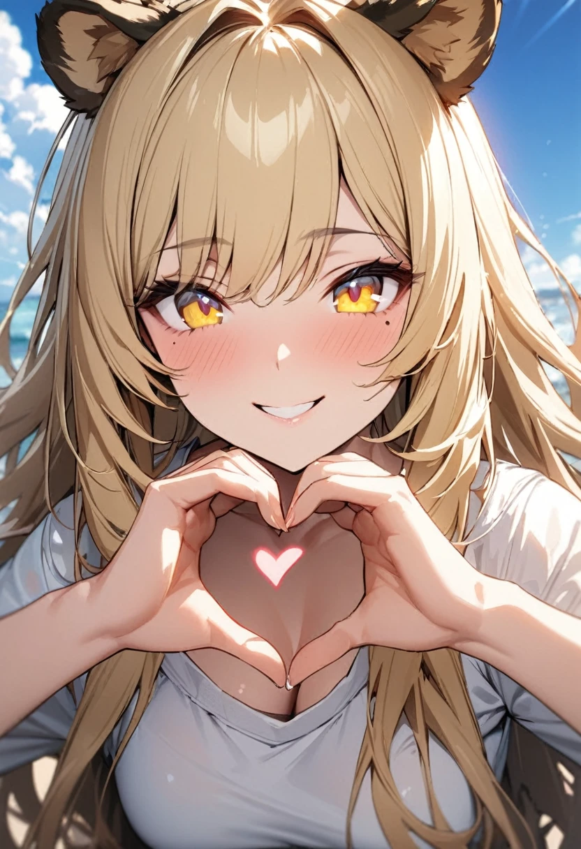 1girl、(((best quality)), ((masterpiece)), (details), masterpiece, best quality, high quality, ulutra detailed, perfect face, ((1girl, blond eyes, tiger ears: 1.3 blond long hair: 2.5,Mole under left eye：2.0))、Shiny Hair、Glowing Skin、Lustful look、smile、Making a heart symbol with hands、T-Shirts、denim、blue sky