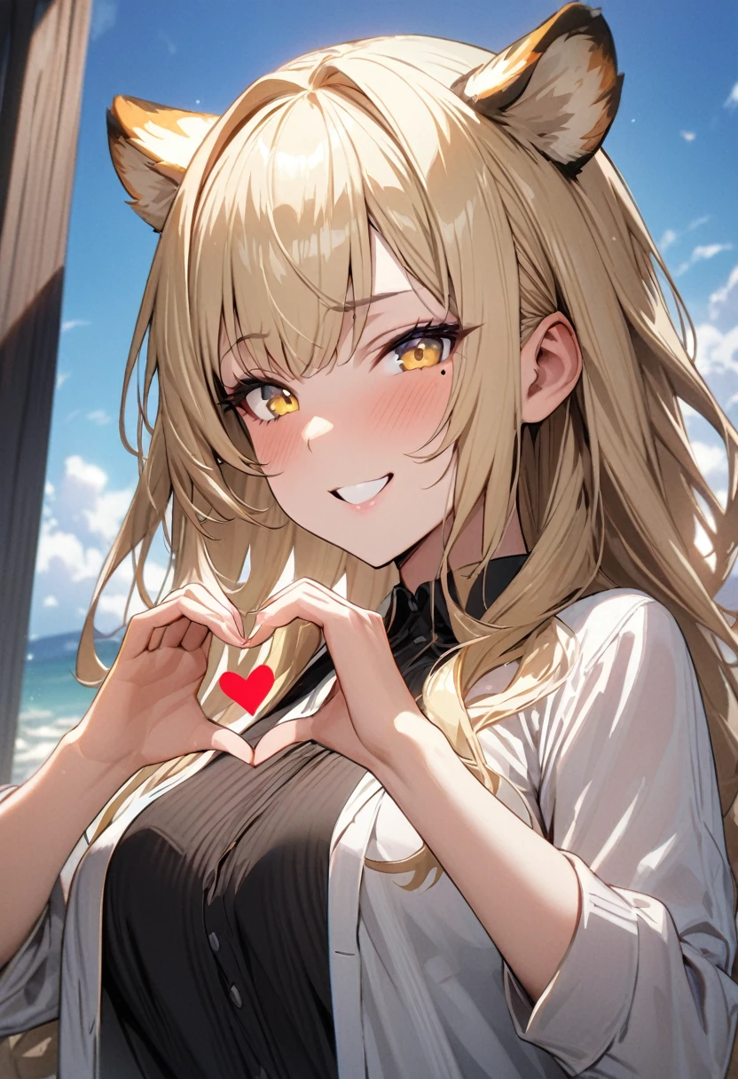 1girl、(((best quality)), ((masterpiece)), (details), masterpiece, best quality, high quality, ulutra detailed, perfect face, ((1girl, blond eyes, tiger ears: 1.3 blond long hair: 2.5,Mole under left eye:2.0))、Shiny Hair、Glowing Skin、Lustful look、smile、Making a heart symbol with hands、T-Shirts、denim、blue sky