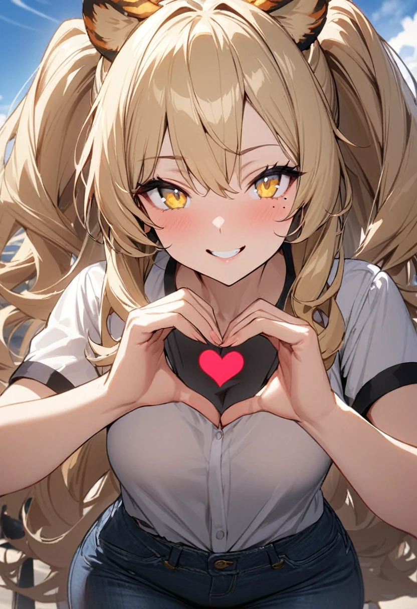1girl、(((best quality)), ((masterpiece)), (details), masterpiece, best quality, high quality, ulutra detailed, perfect face, ((1girl, blond eyes, tiger ears: 1.3 blond long hair: 2.5,Mole under left eye:2.0))、Shiny Hair、Glowing Skin、Lustful look、smile、Making a heart symbol with hands、T-Shirts、denim、blue sky