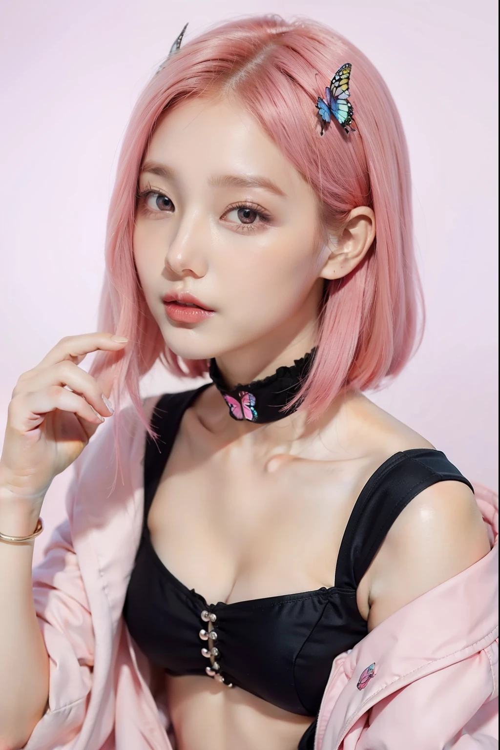 Girl with pink hair, look into the camera,high quality , Mydol Butterfly