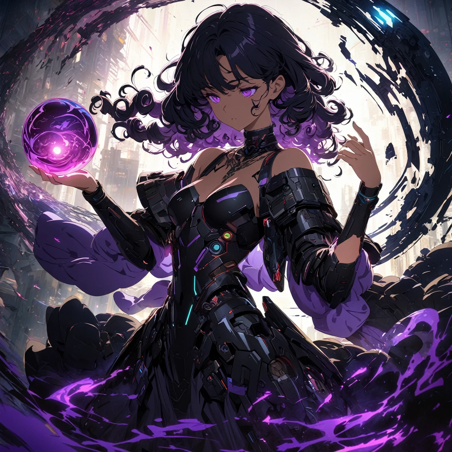 A young woman with dark, curly hair, wearing a black, off-shoulder dress with lace and intricate details, (nude:0.9), a choker necklace, elements of cyberpunk, and sci-fi fashion, mechanical details, futuristic outfit with elements that blend armor and high-tech fashion, standing in a mysterious environment with a glowing, swirling purple and black aura, holding a glowing purple orb in her left hand, with energy swirling around her, casting dramatic shadows, and a soft backlight illuminating her figure, detailed gorgeous face| anime style| key visual| intricate detail| highly detailed| breathtaking| vibrant| panoramic| cinematic| Carne Griffiths| Conrad Roset| gibbli 8k