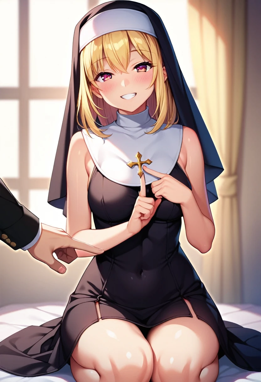 1boy, tidy, micro penis, Bulge between the legs, girl, young girl, mesugaki, mesugaki smile, Nuns, nun's costumes, Long skirts, Teasing, naughty looks, heart eyes, A girl pointing to her own head, Focus on the girl, glossy skin, oily skin, Gravure, pinup, junior idols, Sound, Clothing, vigorous,, Masterpiece:2, Top Quality, high Quality, Very Detailed, ultra High Resolution, super High Resolution, Beautiful Detail, Dynamic angles, perfect lighting, 8k, Animation Style, cartoon style, game cg, sfw,