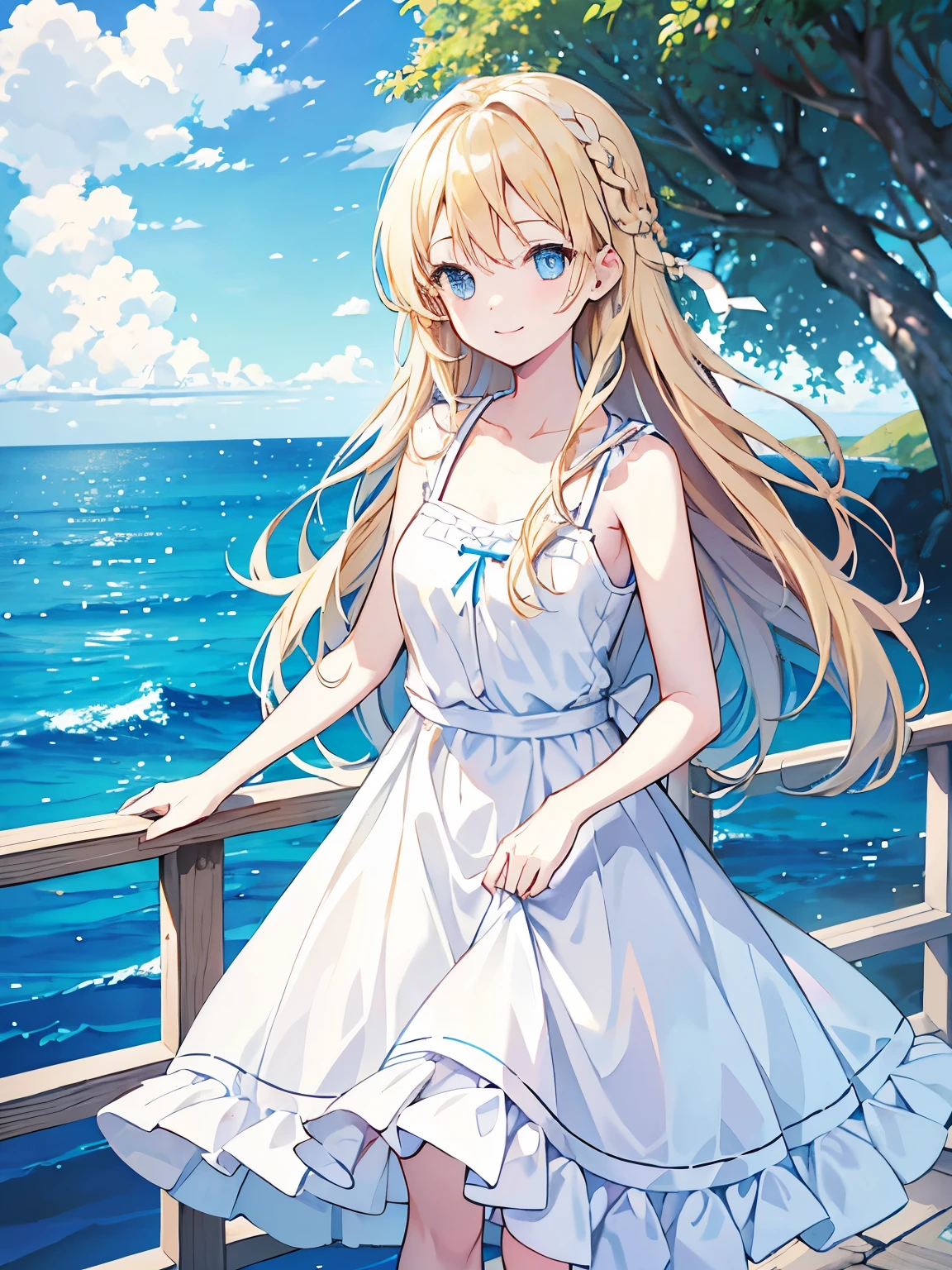 European Girls,(,Blue Eyes、long braided hair、Blonde hair,Looking into the camera、White camisole dress,Blue ribbon、Cute Smile、Ocean、Alone