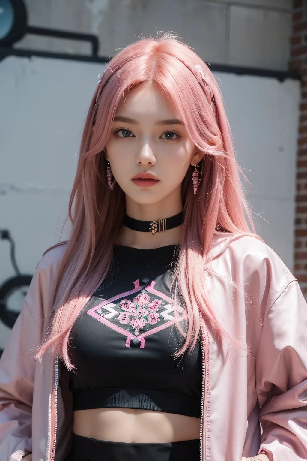 (masterpiece, best quality, 1 woman, alone, intricate details, chromatic aberration), realistic, ((middle breath)),long hair, pink hair, red headdress, pink highlights, hair above one eye,purple eyes, earring, piercer, choker, neon shirt, open jacket, crop top, (symmetrical eyes),(perfectly symmetrical body),on the wall, brick wall, Doodle, dim lighting, alley ,look at the viewer