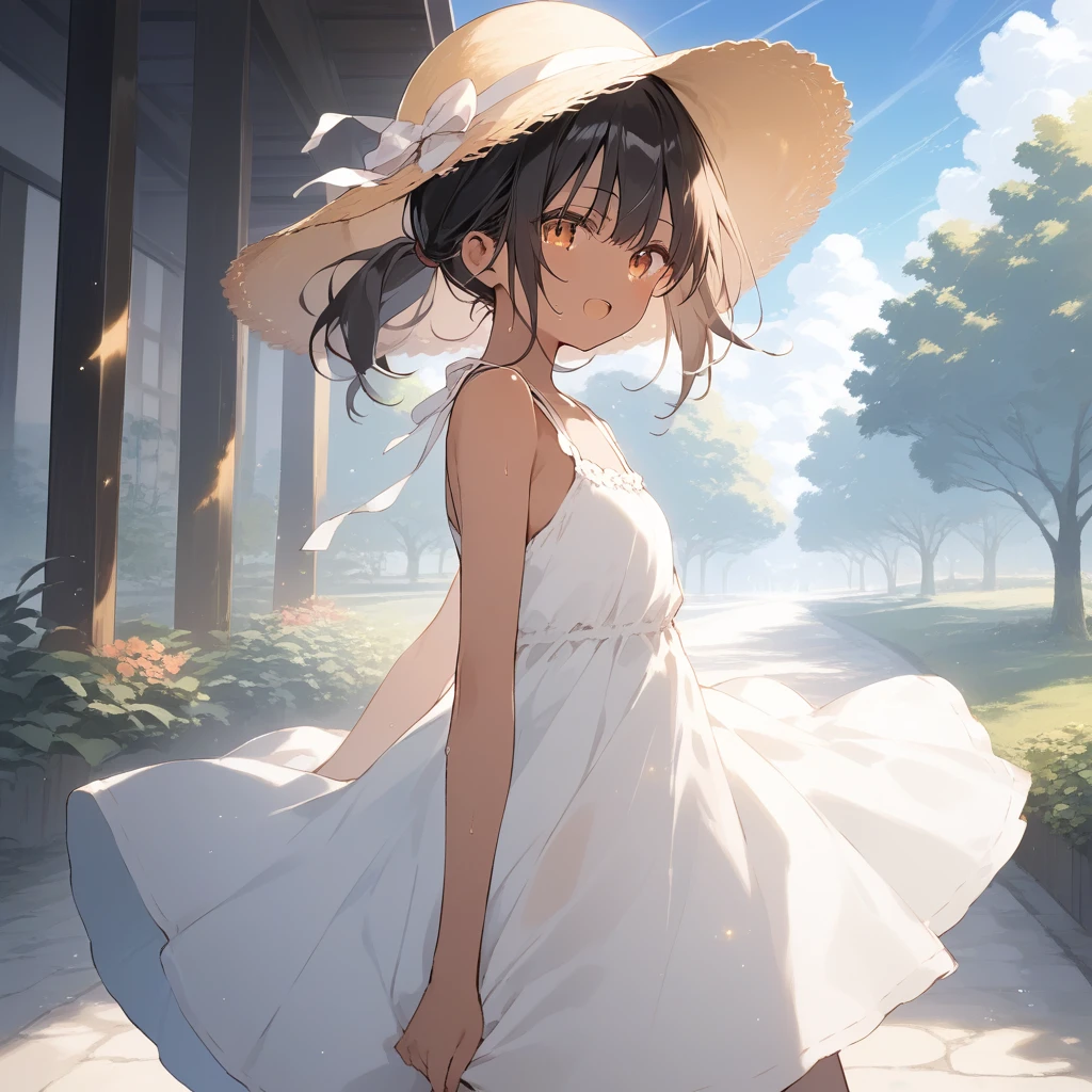 score_9, score_8_up, score_7_up, source_anime, best quality, masterpiece, official art, absurdres, highres, ultra-detailed,waifu2x,Collection: Slice of Life,break,1girl, tomboy, dark-skinned female, short hair, low ponytail, flat chest, beautiful detailed eyes, sundress, sun hut, sweat, open mouth, (yawn:0.3), sleepily, outdoors, park, wind,break,(clear line illustration:1.2), super detailed skin,very high resolution, very aesthetic, Best lighting powered by famous artist, 8k,cute picture,beauty illustration,photoshop_(medium),,(Detailed Lighting),best anime 8k konachan wallpaper, pixiv contest winner,