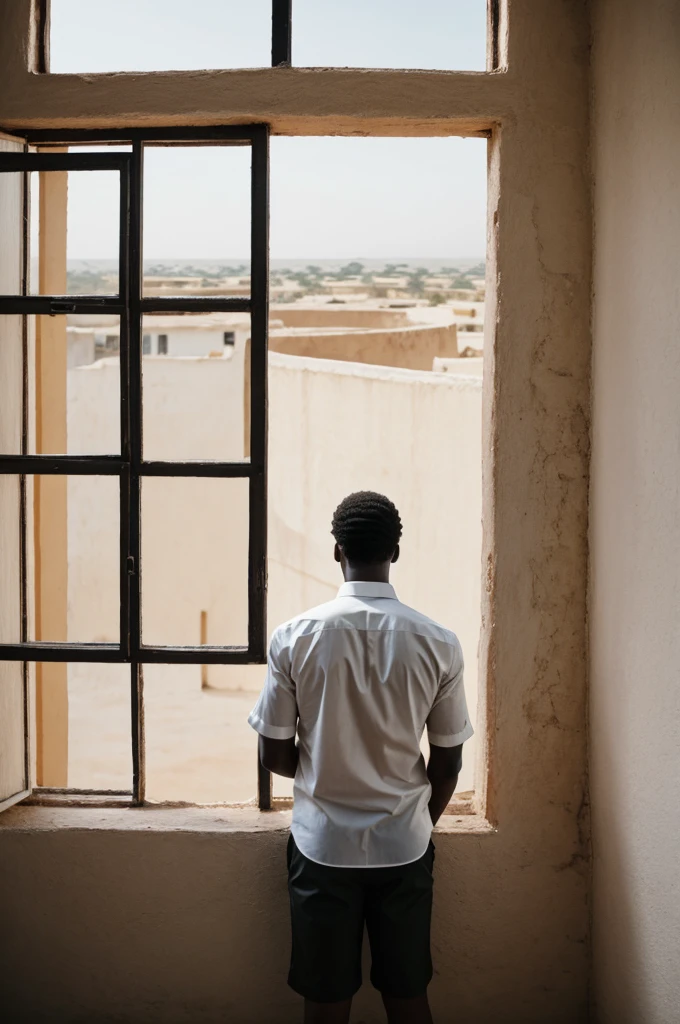Black man in white shirt from behind in a building looking out the window down Africa