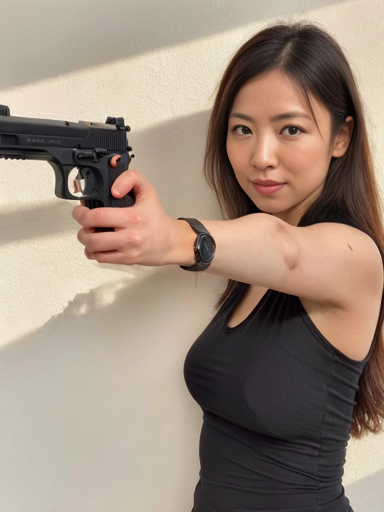 ((portrait)), RAW, analog, Nikon Z 85mm,((best quality)), ((masterpiece)), ((realistic)), vintage image, sharp focus, high detail, photorealistic, realistic, beautiful, extremely detailed, photo_\(ultra\, 8k uhd, SEMI-SILHOUETTE light,god rays, highres, gorgeous japanese woman, 40 year old, (long black straight hair), brown eyes, 40 year old body, perfect physique, perfect waist, big hips, big ass, (((huge natural breasts))), ((white wall)), (wearing sexy black panties), (((naked breasts))), ((holding a pistol)), ((aiming a pistol at the camera)),