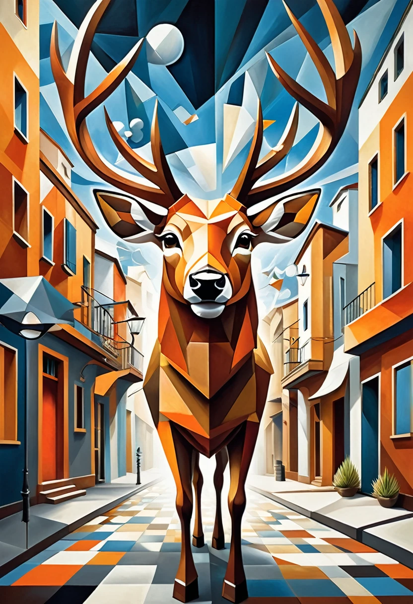 "Visualize a cubist interpretation of a deer head, floating through the sky above a lively and dynamic street. Decompose the shape of the deer head into geometric shapes and fragmented planes, To capture its movement and energy in a unique and abstract way. Integrate strong brown, orange and white colors and sharp angles, to convey a feeling of movement and tension. Play with perspective and layering, to create a multidimensional composition, which questions traditional notions of space and form. Be inspired by the avant-garde spirit of Cubism and see nature in a fresh and innovative light.. Unleash your creativity, as you bring this imaginative scene to life on the screen 