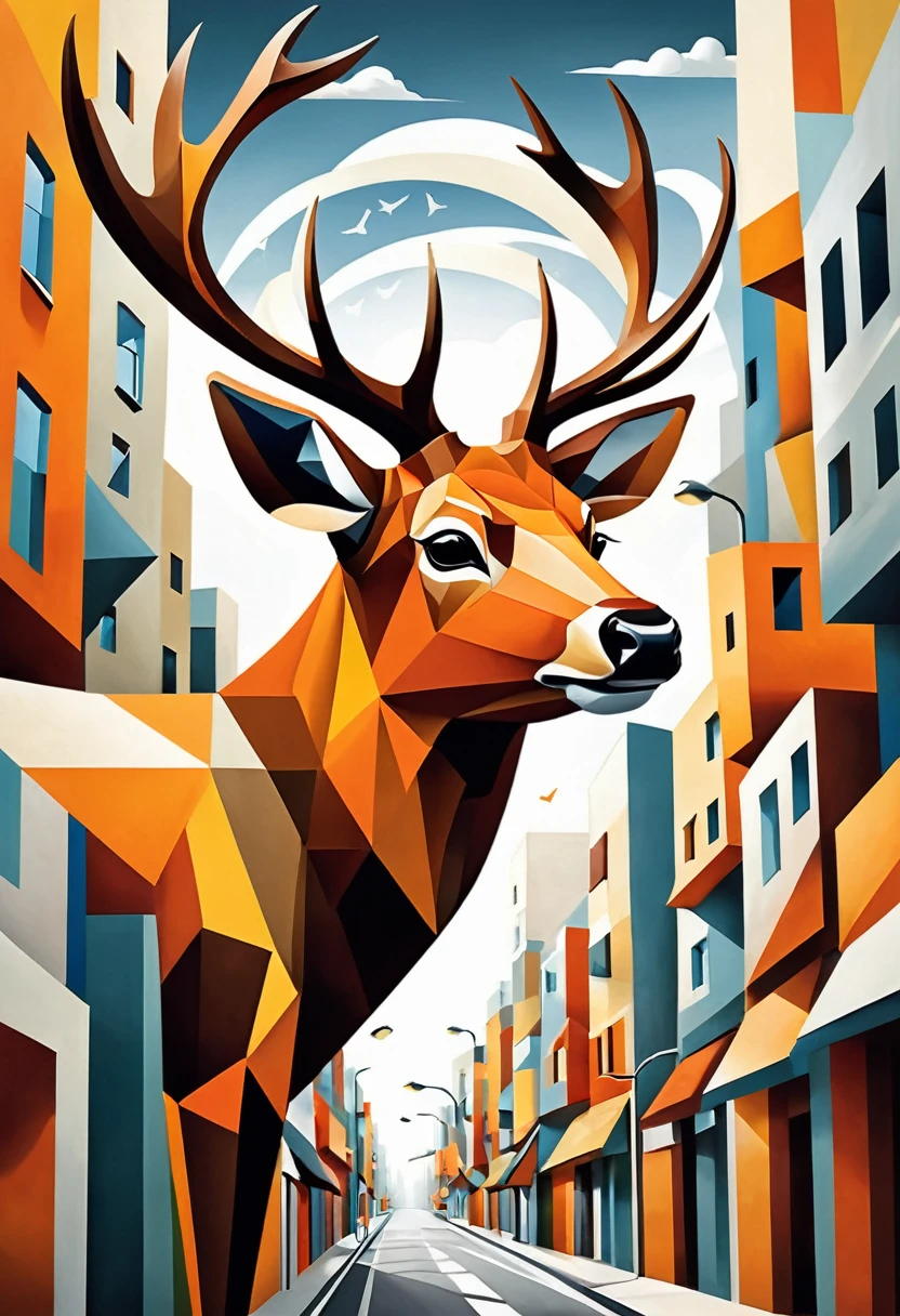 "Visualize a cubist interpretation of a deer head, floating through the sky above a lively and dynamic street. Decompose the shape of the deer head into geometric shapes and fragmented planes, To capture its movement and energy in a unique and abstract way. Integrate strong brown, orange and white colors and sharp angles, to convey a feeling of movement and tension. Play with perspective and layering, to create a multidimensional composition, which questions traditional notions of space and form. Be inspired by the avant-garde spirit of Cubism and see nature in a fresh and innovative light.. Unleash your creativity, as you bring this imaginative scene to life on the screen