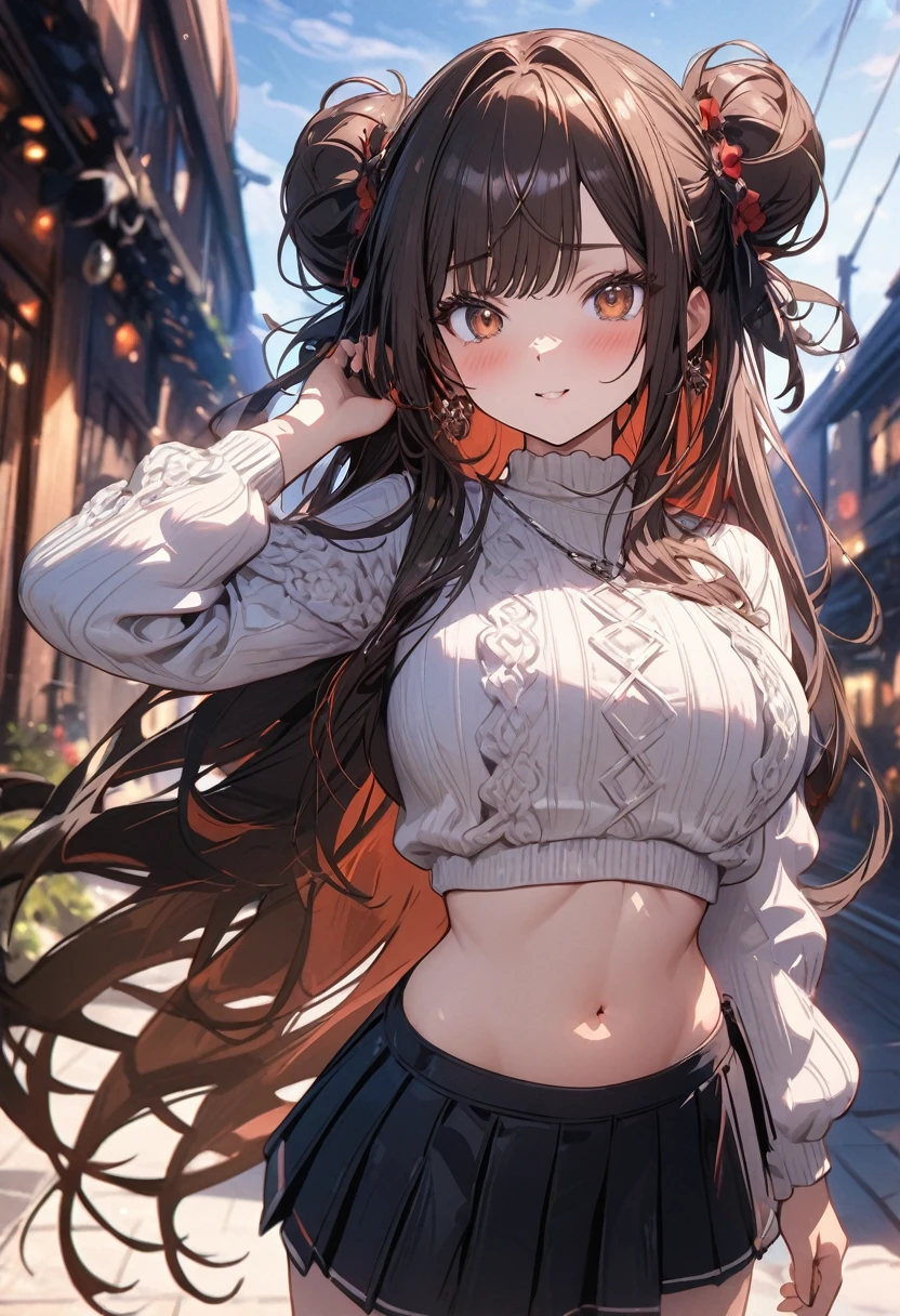 (masterpiece), best quality, very aesthetic, newest, absurdres, detailed, high quality
BREAK
highest quality, top quality, details, highres, ultra fine painting, digital art, official art, splash art, cinematic, 4k, 8k resolution, 8K CG wallpaper, original artwork, detailed background, blue atmosphere, High Dynamic Range, blurry background, blue hour, Starburst effects, crepuscular rays, good ISO, high resolution, wide shot, from far away, RAW photo, POV, sharp focus, light reflection, reflections, intricate details, soft light, particle noise, professional photography, bokeh, depth of field, studio lighting, vibrant colors, detailed lights and shadows, stylish, ultra-detailed, top rated on Pixiv, trending on Artstation, niji style, modern-days, master crafted, pose
BREAK
solo, (close up), 1girl, pale skin, correct fingers, detailed hand, (big breasts:1.2), big thighs, small torso, short body, flushtered, blush, anxious expression, embarassed, embarassed act, casual, slim, ((cute, childlike face):1.3), nice body, nice hips, brown hair, (very long flowing hair, 2 buns hairstyle), long bangs, long hair, middle hair bangs, brown eyes
BREAK
(white cropped puffy sweater, tummy skin, belly button, short pleated skirt, casual style, playful)
BREAK
Indoors apartment background