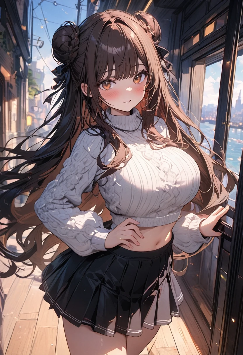 (masterpiece), best quality, very aesthetic, newest, absurdres, detailed, high quality
BREAK
highest quality, top quality, details, highres, ultra fine painting, digital art, official art, splash art, cinematic, 4k, 8k resolution, 8K CG wallpaper, original artwork, detailed background, blue atmosphere, High Dynamic Range, blurry background, blue hour, Starburst effects, crepuscular rays, good ISO, high resolution, wide shot, from far away, RAW photo, POV, sharp focus, light reflection, reflections, intricate details, soft light, particle noise, professional photography, bokeh, depth of field, studio lighting, vibrant colors, detailed lights and shadows, stylish, ultra-detailed, top rated on Pixiv, trending on Artstation, niji style, modern-days, master crafted, pose
BREAK
solo, (close up), 1girl, pale skin, correct fingers, detailed hand, (big breasts:1.2), big thighs, small torso, short body, flushtered, blush, anxious expression, embarassed, embarassed act, casual, slim, ((cute, childlike face):1.3), nice body, nice hips, brown hair, (very long flowing hair, 2 buns hairstyle), long bangs, long hair, middle hair bangs, brown eyes
BREAK
(white cropped puffy sweater, tummy skin, belly button, short pleated skirt, casual style, playful) 
BREAK
Indoors apartment background