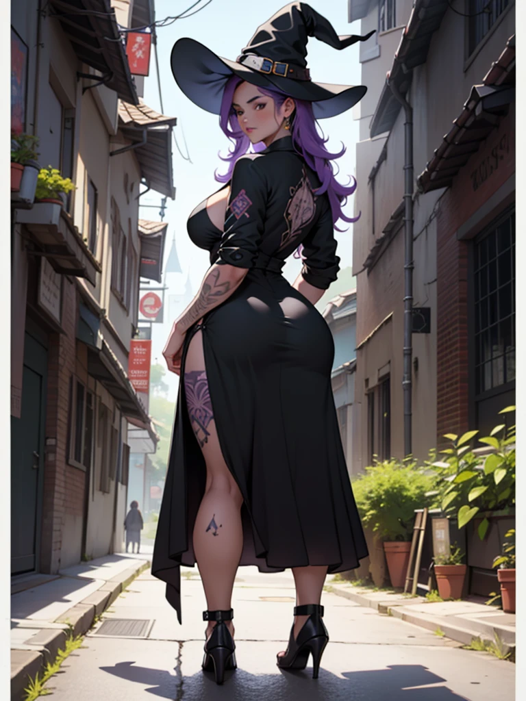 older woman, in their 30s, with long purple hair and tall, curvy body seen from behind, standing backwards, breasts big, Breasts huge, (work of art, best qualityer:1.2) wearing the legendary great black dress of the mystical sorceress, Big witch hat, standing alone, alone, cybernetic tattoo