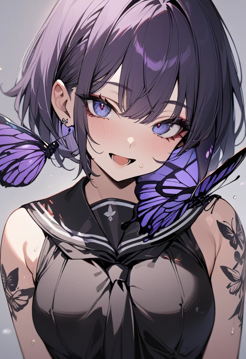 One girl, best quality, masterpiece, smiling with open mouth, beautiful girl, big eyes, dark purple hair, short hair, black sailor suit, tattoo on cheek, butterfly, gray background