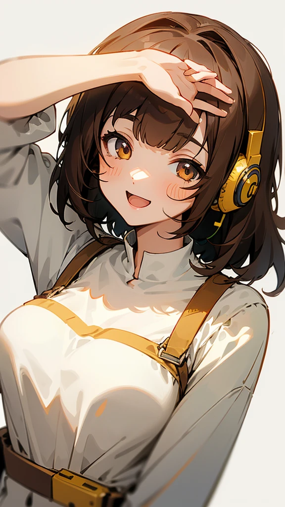 One girl, Brown Hair, Medium Hair, Textured skin, chest, Open your mouth, Bright Eyes, happiness/joy, Simple Background, Headphones worn behind the head, Anime Bangs, Minimalist, Dress up、Hair that hides one eye,