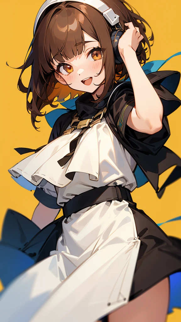 One girl, Brown Hair, Medium Hair, Textured skin, chest, Open your mouth, Bright Eyes, happiness/joy, Simple Background, Headphones worn behind the head, Anime Bangs, Minimalist, Dress up、Hair that hides one eye,