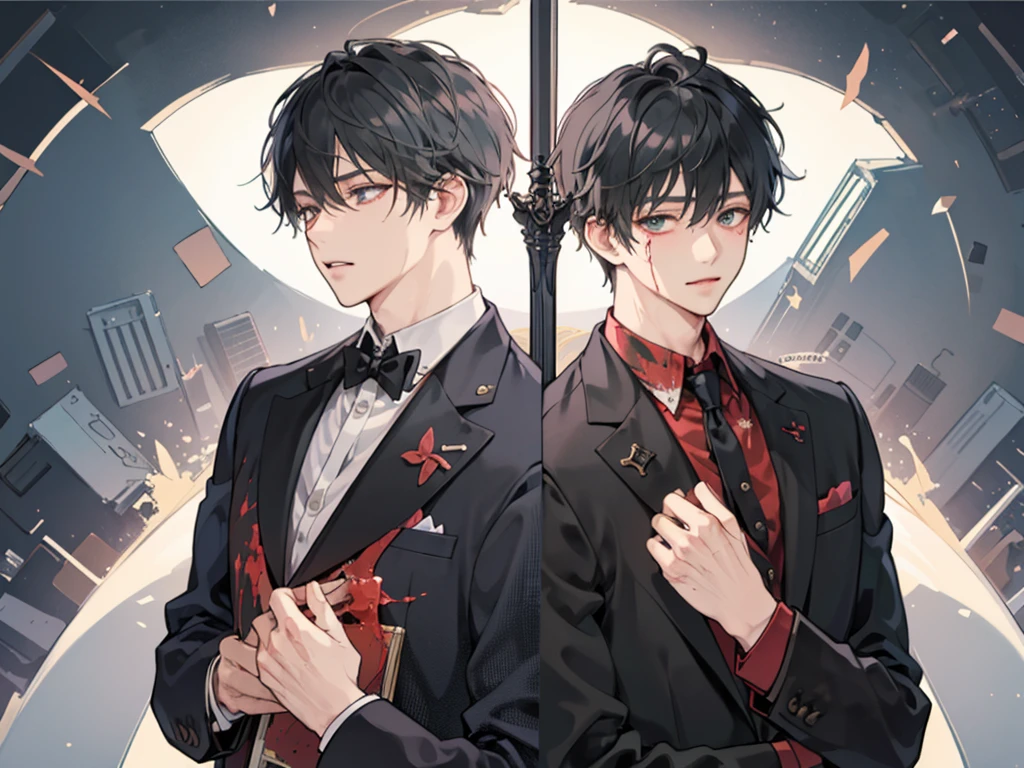 1 boy,((alone)),adult ,suit、blood、In pain、銃を向ける