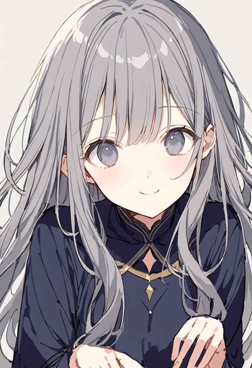 One Girl、Light blue-grey eyes and hair、Long Hair、dull, Pale eyes and hair、Dark blue long sleeve dress、smile、Perfect Face、Cute Face、A perfect masterpiece、Highest quality、sketch、Big eyes、Perfect Face立ち、Beautiful Eyes、Detailed、delicate、