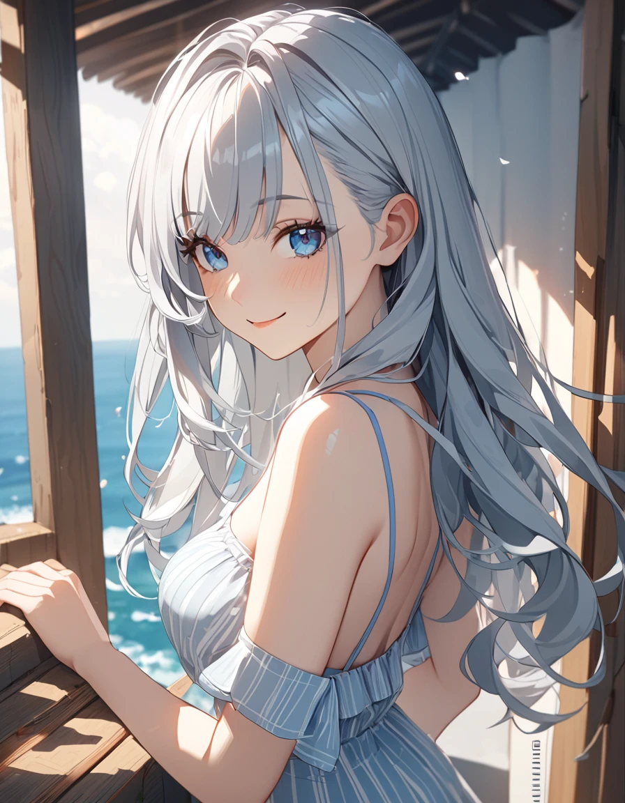 8k, Highest quality, masterpiece, Wallpapers by Unity 8k, (One Girl) , 17 years old、cute、Kind eyes、(((Silver Hair))),(Her hair color is a blue-gray gradient), Medium long hair Beautiful breasts, Summer fashion、smile