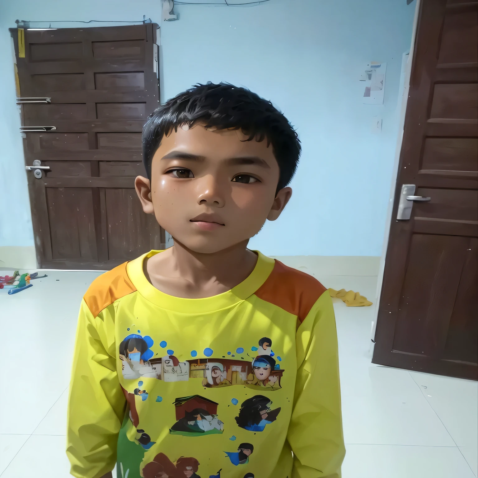 there is a young boy standing in a room with a yellow shirt, ayan nag, nivanh chanthara, reyyan, raden saleh, riyahd cassiem, young boy, thawan duchanee, mohamed chahin, kid, ismail, 8 , He study greade 2 . and he clothnig student