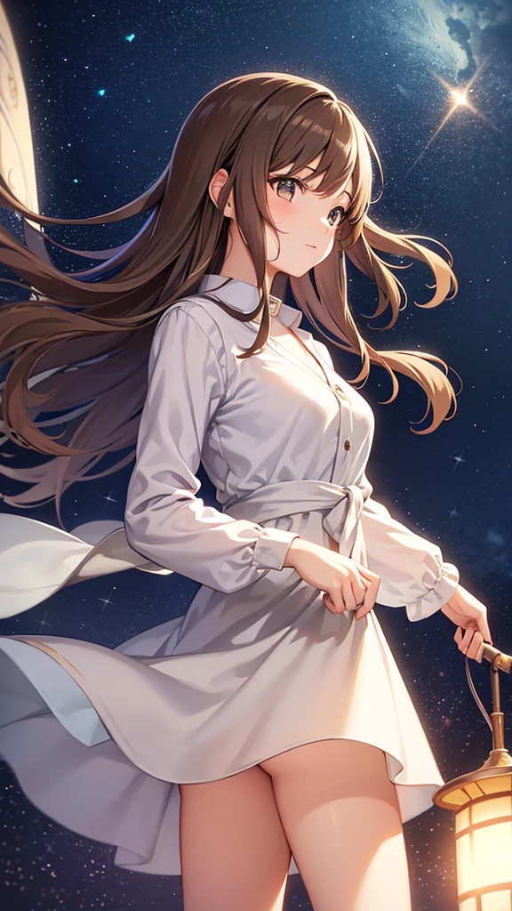 Ghibli-style images、One girl, High resolution, Brown Hair, Sparkle Effect, Backlight, Highest quality, headphone、Soaring in the night sky
