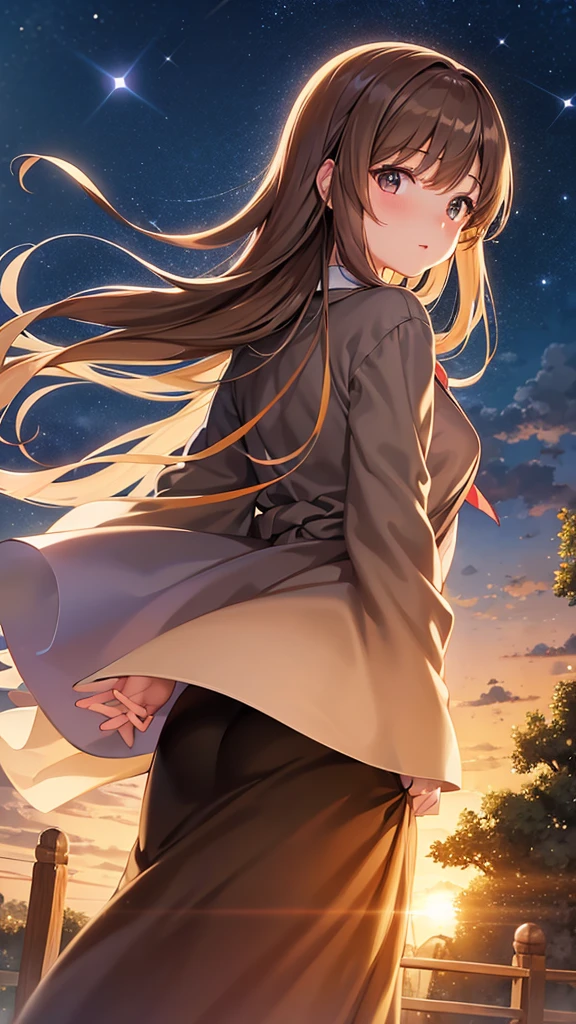 Ghibli-style images、One girl, High resolution, Brown Hair, Sparkle Effect, Backlight, Highest quality, headphone、Soaring in the night sky
