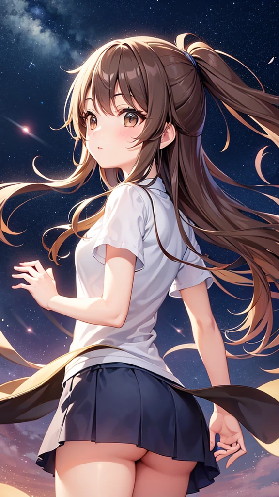 Ghibli-style images、One girl, High resolution, Brown Hair, Sparkle Effect, Backlight, Highest quality, headphone、Soaring in the night sky