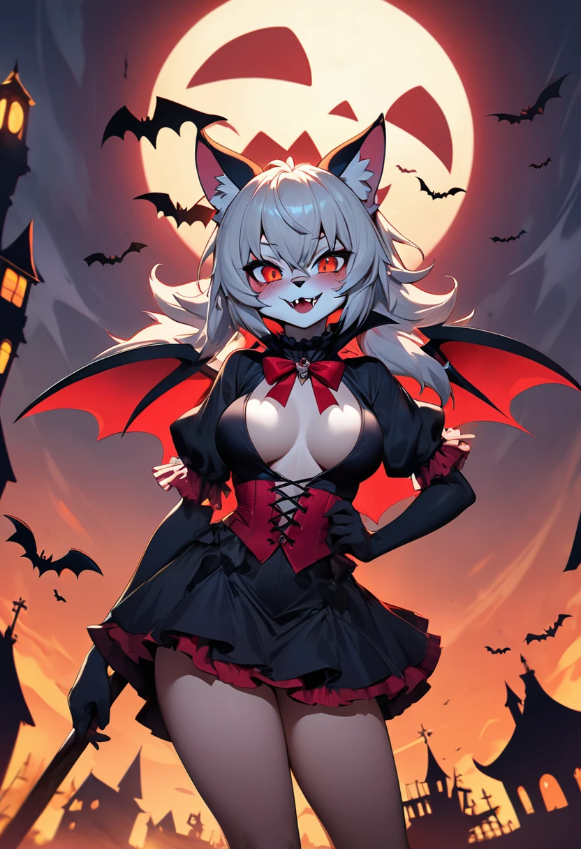 (epic, dynamic angle)top quality, best quality, High-quality illustrations, masterpiece, While creating a Halloween atmosphere, vampire with furry elements, (kemono, super cute girl, solo focus)(furry anthro)(highly detailed beautiful face and eyes)absurdres, perfect anatomy, Scene of a red full moon with a strong horror color,
