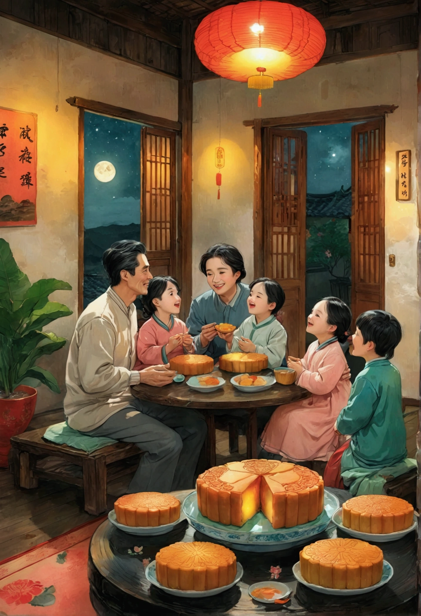 (Top quality、8K、masterpiece:1.3)、The family sits together and eats mooncakes,Mom, Dad and children laughing together，Place it in the living room、Bright house scene，Extremely delicate face and skin，Warm scene，Perfect details