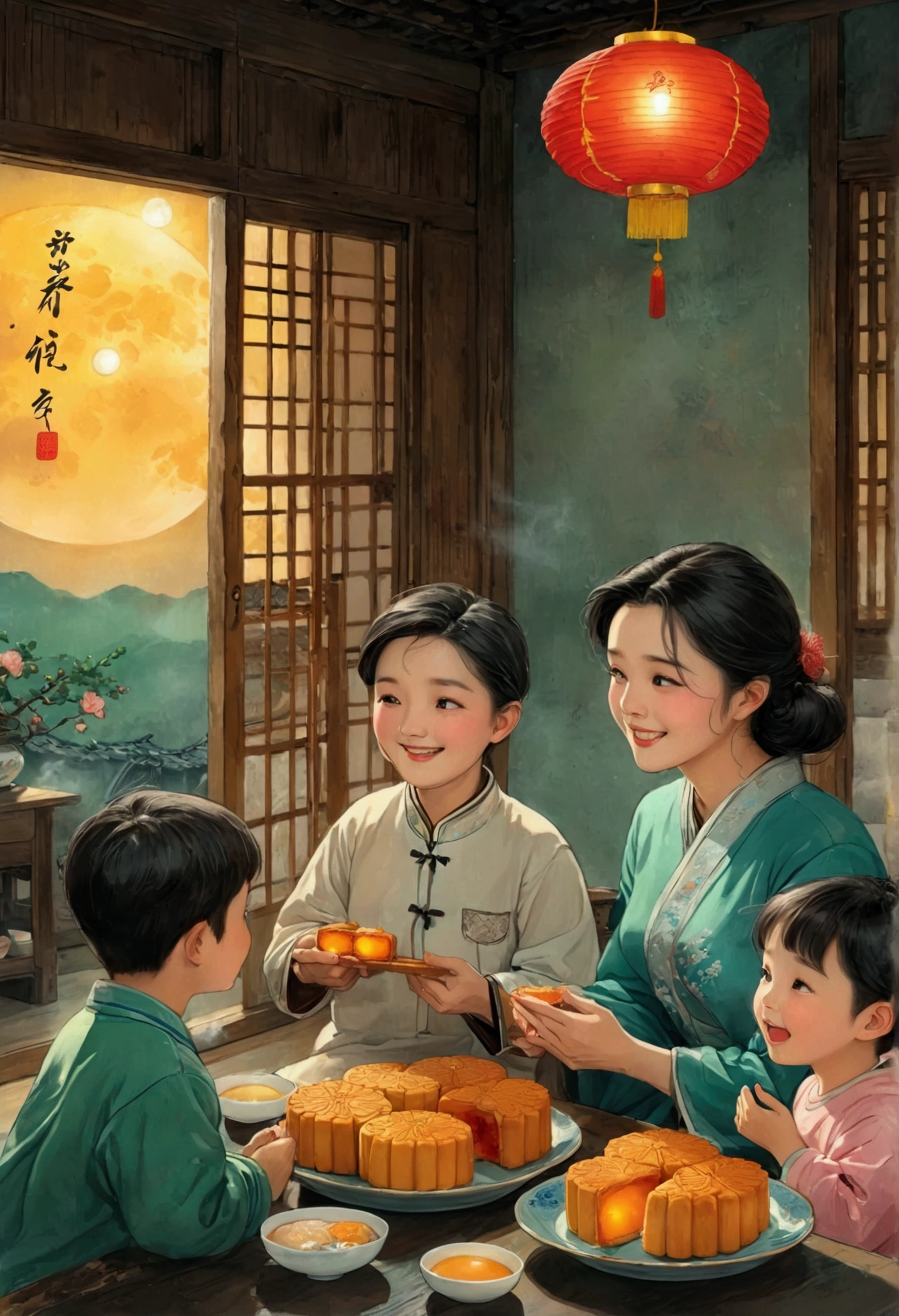 (Top quality、8K、masterpiece:1.3)、The family sits together and eats mooncakes,Mom, Dad and children laughing together，Place it in the living room、Bright house scene，Extremely delicate face and skin，Warm scene，Perfect details