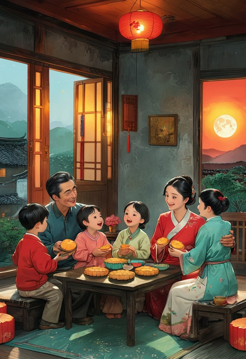 (Top quality、8K、masterpiece:1.3)、The family sits together and eats mooncakes,Mom, Dad and children laughing together，Place it in the living room、Bright house scene，Extremely delicate face and skin，Warm scene，Perfect details