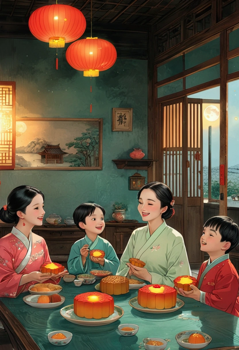 (Top quality、8K、masterpiece:1.3)、The family sits together and eats mooncakes,Mom, Dad and children laughing together，Place it in the living room、Bright house scene，Extremely delicate face and skin，Warm scene，Perfect details