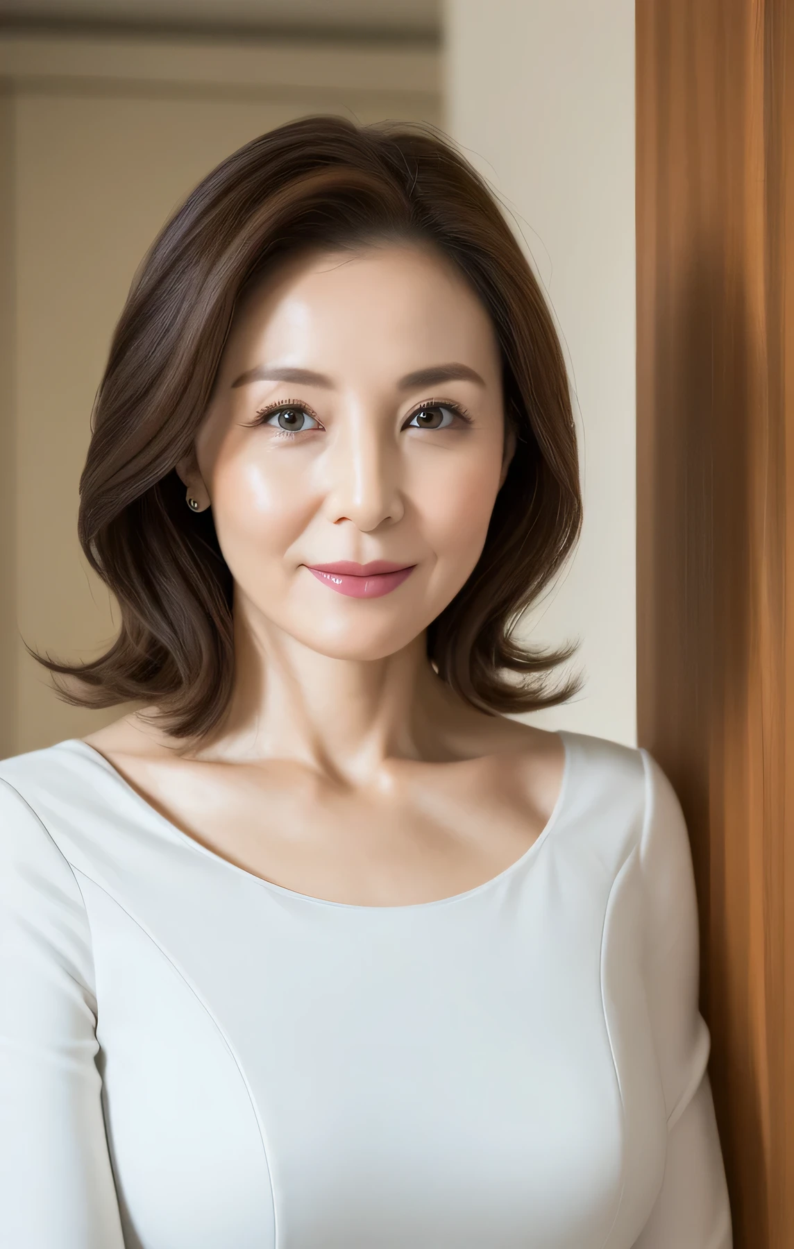 (Highest quality,8k,masterpiece),
Portrait of a mature woman,Well deep,44 years old, very beautiful face,Lip gloss,
Very large breasts, (White),Inside the hospital, ward