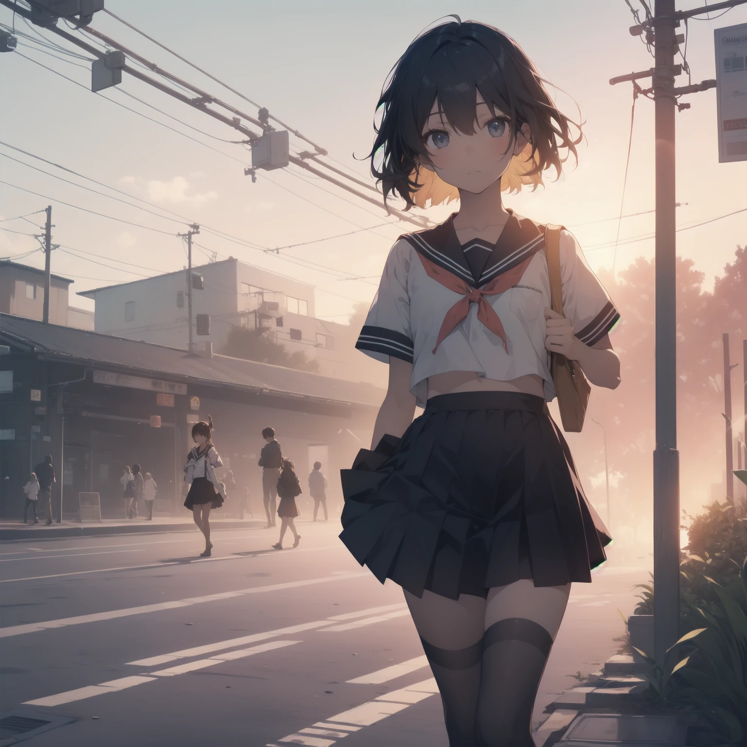 ultra-absurdres-Top quality by artist God, ultra-detailed, high resolution, anime moe artstyle, best anime 8k konachan wallpaper, pixiv contest winner, pool:2810, perfect anatomy,break, 1girl, (Please draw a girl walking sleepily to school alone. )break,(Solo,little female, 13-year-old:1.3),Full limbs, complete fingers,a junior high school student, (very short hair), short cut, flat chest, , small butt, small black eyes, beautiful detailed eyes, well-proportioned iris and pupils, expressive eyes, highres detailed hair, soft expression, salor school_uniform, sailor collar, serahuku, bow, pleated skirt,(Detailed Lighting), (Detailed background), in the School commute route. break,super detailed skin, Best cinematic lighting powered by famous artist, 8k,beauty illustration,photoshop_(medium),very aesthetic,break,((artist:kotorai )), artist:clamp ,artist:carnelian ,artist:kantoku ,