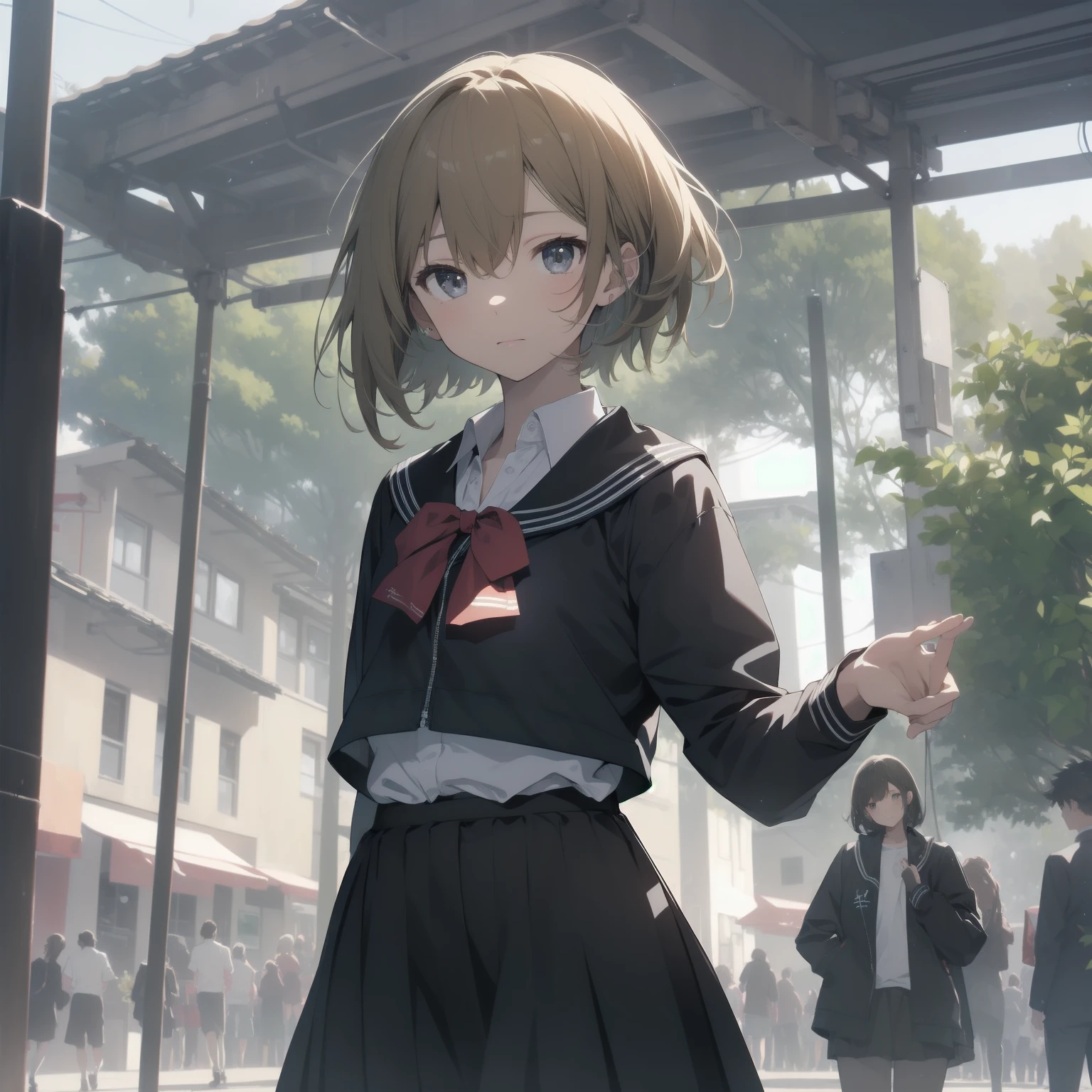 ultra-absurdres-Top quality by artist God, ultra-detailed, high resolution, anime moe artstyle, best anime 8k konachan wallpaper, pixiv contest winner, pool:2810, perfect anatomy,break, 1girl, (Please draw a girl walking sleepily to school alone. )break,(Solo,little female, -yeld:1.Full limbs, complete fingers,a junior hihort hair), short cut, flat chest, , small butt, small black eyes, beautiful detailed eyes, well-proportioned iris and pupils, expressive eyes, highres detailed hair, soft expression, salor school_uniform, sailor collar, serahuku, bow, pleated skirt,(Detailed Lighting), (Detailed background), in the School commute route. break,super detailed skin, Best cinematic lighting powered by famous artist, 8k,beauty illustration,photoshop_(medium),very aesthetic,break,((artist:kotorai )), artist:clamp ,artist:carnelian ,artist:kantoku ,